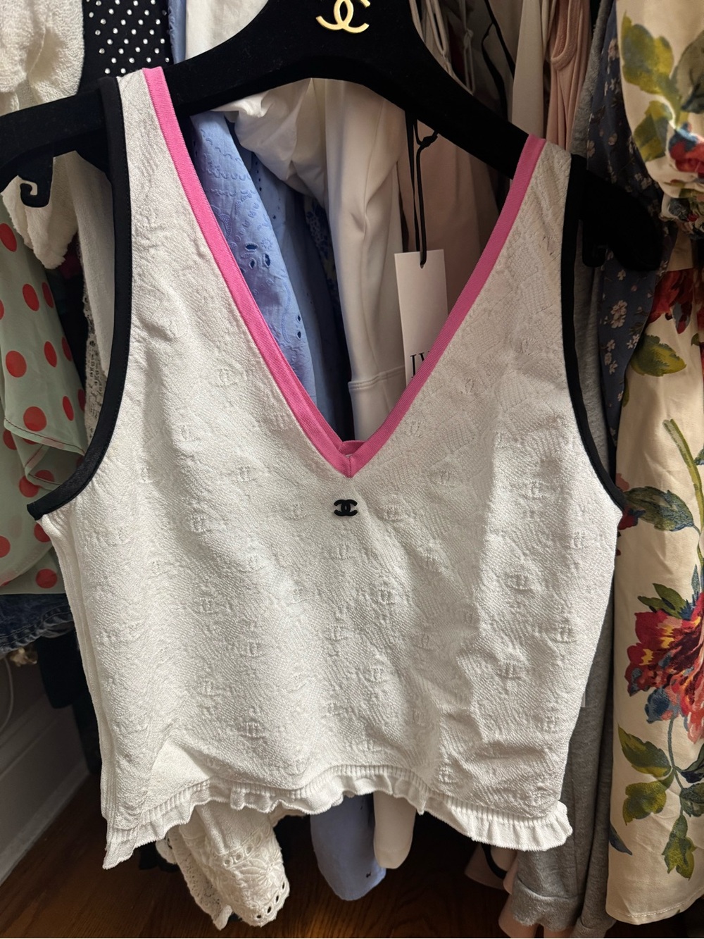 CHANEL White Tank Top with Pink Trim and Black Accents